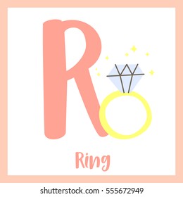 Cute Children ABC Alphabet R Letter Flashcard Of Ring For Kids Learning English Vocabulary In Valentines Day Theme.