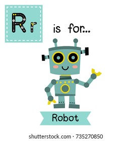 Cute children ABC alphabet R letter tracing flashcard of Robot for kids learning English vocabulary in Happy Halloween Day theme. Vector illustration.