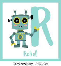 Cute children ABC alphabet R letter flashcard of Robot for kids learning English vocabulary in Happy Halloween Day theme. Vector illustration.