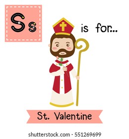 Cute children ABC alphabet S letter tracing flashcard of St. Valentine for kids learning English vocabulary in Valentines Day theme.