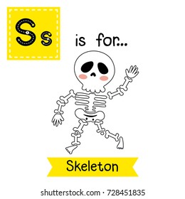 Cute children ABC alphabet S letter tracing flashcard of walking Skeleton for kids learning English vocabulary in Happy Halloween Day theme. Vector illustration.