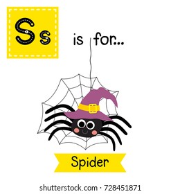 Cute children ABC alphabet S letter tracing flashcard of Spider with witch hat and web for kids learning English vocabulary in Happy Halloween Day theme. Vector illustration.