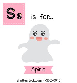 Cute children ABC alphabet S letter tracing flashcard of Spirit for kids learning English vocabulary in Happy Halloween Day theme. Vector illustration.