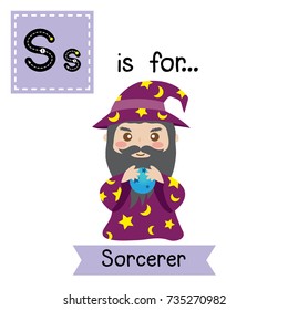 Cute children ABC alphabet S letter tracing flashcard of Sorcerer for kids learning English vocabulary in Happy Halloween Day theme. Vector illustration.
