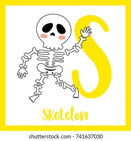 Cute children ABC alphabet S letter flashcard of walking Skeleton for kids learning English vocabulary in Happy Halloween Day theme. Vector illustration.