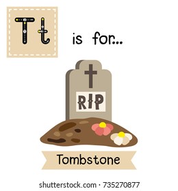 Cute children ABC alphabet T letter tracing flashcard of Tombstone for kids learning English vocabulary in Happy Halloween Day theme. Vector illustration.