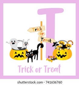 Cute children ABC alphabet T letter flashcard of Trick or Treat making a choice for kids learning English vocabulary in Happy Halloween Day theme. Vector illustration.