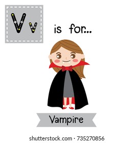 Cute children ABC alphabet V letter tracing flashcard of female Vampire for kids learning English vocabulary in Happy Halloween Day theme. Vector illustration.