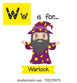 Cute children ABC alphabet W letter tracing flashcard of Warlock standing and raising hands for kids learning English vocabulary in Happy Halloween Day theme. Vector illustration.