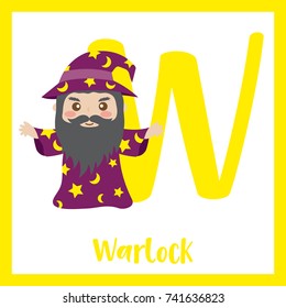 Cute children ABC alphabet W letter flashcard of Warlock standing and raising hands for kids learning English vocabulary in Happy Halloween Day theme. Vector illustration.