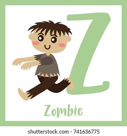 Cute children ABC alphabet Z letter flashcard of Zombie for kids learning English vocabulary in Happy Halloween Day theme. Vector illustration.