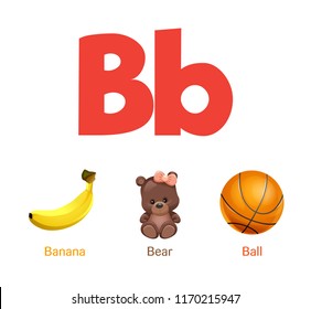 Cute Children ABC Animal Alphabet Flashcard Words With The Letter B For Kids Learning English Vocabulary.