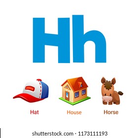 Cute children ABC animal alphabet flashcard words and the letter H for kids learning English vocabulary 