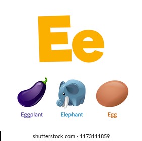 Cute Children ABC Animal Alphabet Flashcard Words With The Letter E For Kids Learning English Vocabulary.