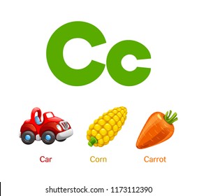 Cute Children ABC Animal Alphabet Flashcard Words With The Letter C For Kids Learning English Vocabulary.