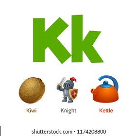 Cute Children ABC Animal Alphabet Flashcard Words With The Letter K For Kids Learning English Vocabulary.
