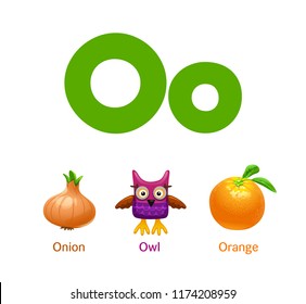 Cute Children ABC Animal Alphabet Flashcard Words With The Letter O For Kids Learning English Vocabulary.