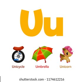 Cute Children ABC Animal Alphabet Flashcard Words With The Letter U For Kids Learning English Vocabulary.