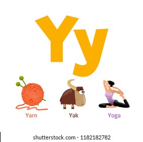 Cute Children ABC Animal Alphabet Flashcard Words With The Letter Y For Kids Learning English Vocabulary.