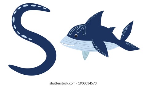 Cute children ABC animal alphabet S letter flashcard of Shark for kids learning English vocabulary