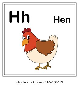 Cute children ABC animal alphabet H letter flashcard of Hen for kids learning English vocabulary.