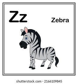 Cute children ABC animal alphabet Z letter flashcard of Zebra for kids learning English vocabulary.