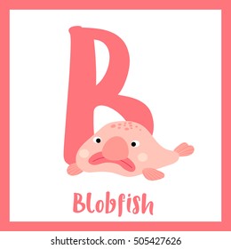 Cute children ABC animal alphabet B letter flashcard of pink deep sea Blobfish for kids learning English vocabulary.   