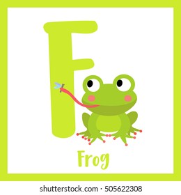 Cute children ABC animal alphabet F letter flashcard of Frog eating fly for kids learning English vocabulary.   