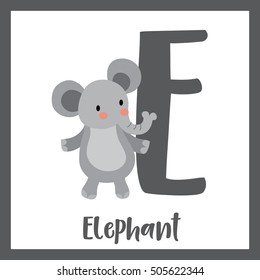 Cute children ABC animal alphabet E letter flashcard of standing Elephant for kids learning English vocabulary.   