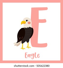 Cute children ABC animal alphabet E letter flashcard of standing Eagle for kids learning English vocabulary.