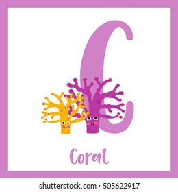 Cute children ABC animal alphabet C letter flashcard of yellow and purple Coral for kids learning English vocabulary.  