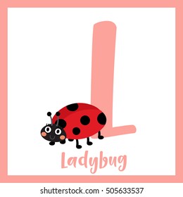 Cute children ABC animal alphabet L letter flashcard of Ladybug for kids learning English vocabulary.   