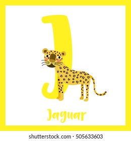 Cute children ABC animal alphabet J letter flashcard of Jaguar for kids learning English vocabulary.   