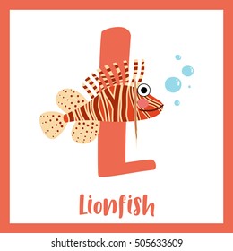 Cute children ABC animal alphabet L letter flashcard of Lionfish for kids learning English vocabulary.   