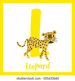 Cute children ABC animal alphabet L letter flashcard of Leopard for kids learning English vocabulary.    