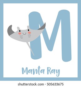 Cute children ABC animal alphabet M letter flashcard of Manta ray for kids learning English vocabulary.   