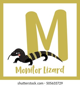 Cute children ABC animal alphabet M letter flashcard of Monitor Lizard for kids learning English vocabulary.    