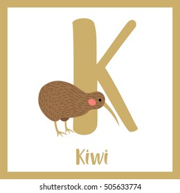 Cute children ABC animal alphabet K letter flashcard of Kiwi bird for kids learning English vocabulary.    