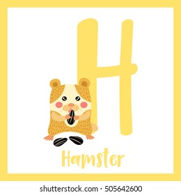 Cute children ABC animal alphabet H letter flashcard of Hamster eating sunflower seeds for kids learning English vocabulary.   