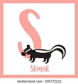 Cute children ABC animal alphabet S letter flashcard of Skunk for kids learning English vocabulary.   
