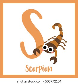 Cute children ABC animal alphabet S letter flashcard of Scorpion for kids learning English vocabulary.    