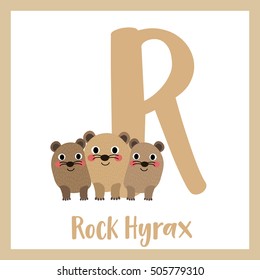 Cute children ABC animal alphabet R letter flashcard of Rock Hyrax family for kids learning English vocabulary.   