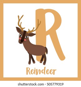 Cute children ABC animal alphabet R letter flashcard of standing Reindeer for kids learning English vocabulary.   