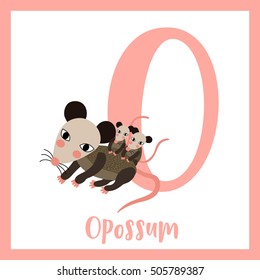 Cute children ABC animal alphabet O letter flashcard of Mother and baby Opossum for kids learning English vocabulary.    