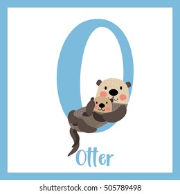 Cute children ABC animal alphabet O letter flashcard of Otter mother and child for kids learning English vocabulary.   