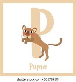 Cute children ABC animal alphabet P letter flashcard of jumping Puma for kids learning English vocabulary.   