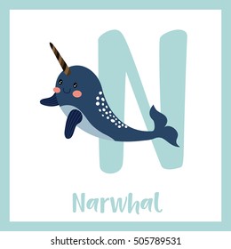 Cute children ABC animal alphabet N letter flashcard of dark blue Narwhal for kids learning English vocabulary.   