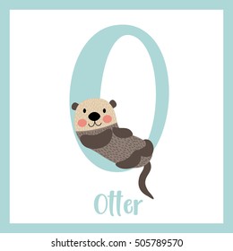 Cute children ABC animal alphabet O letter flashcard of floating Otter for kids learning English vocabulary.   