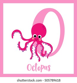 Cute children ABC animal alphabet O letter flashcard of magenta Octopus for kids learning English vocabulary.   