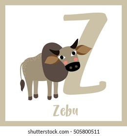 Cute children ABC animal alphabet Z letter flashcard of Zebu for kids learning English vocabulary.   